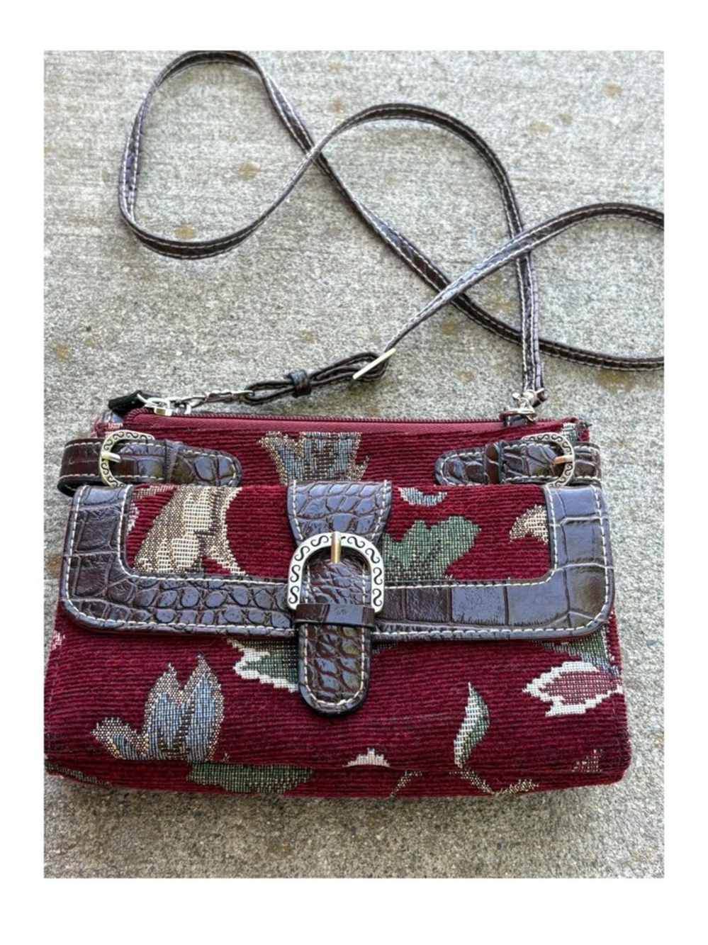 Vintage Y2K Strada Crossbody Purse Burgundy Woven Floral Tapestry Shoulder Bag
